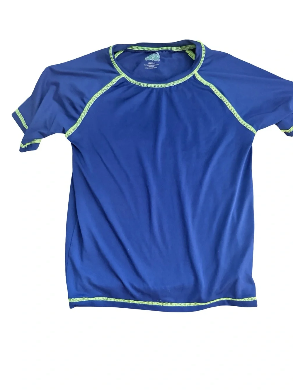STX Boys Short Sleeve Rash Guard Swim Shirt Blue w/ Lime Green Stitch - Size 7